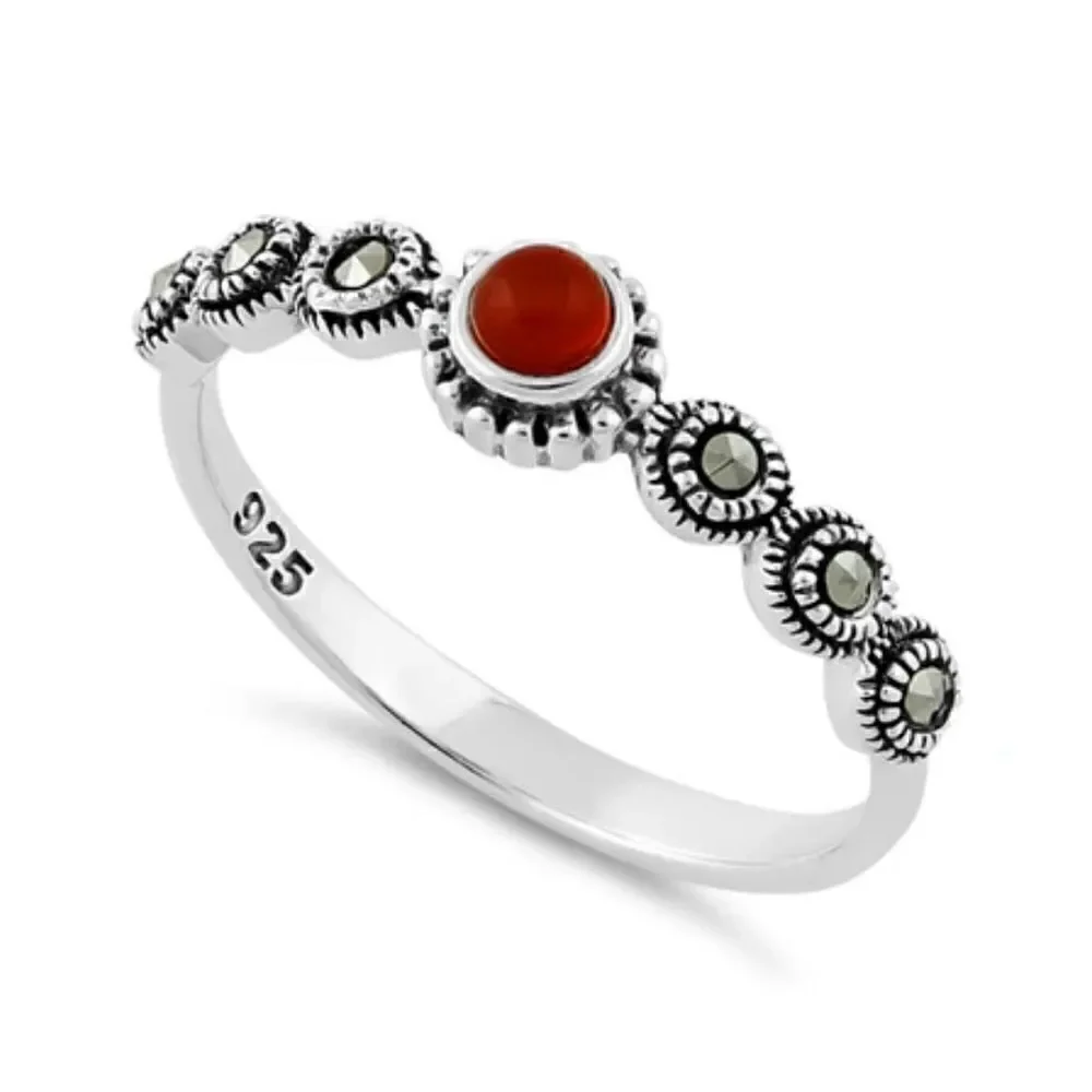 New Sterling Silver Small Round Red Marcasite Ring